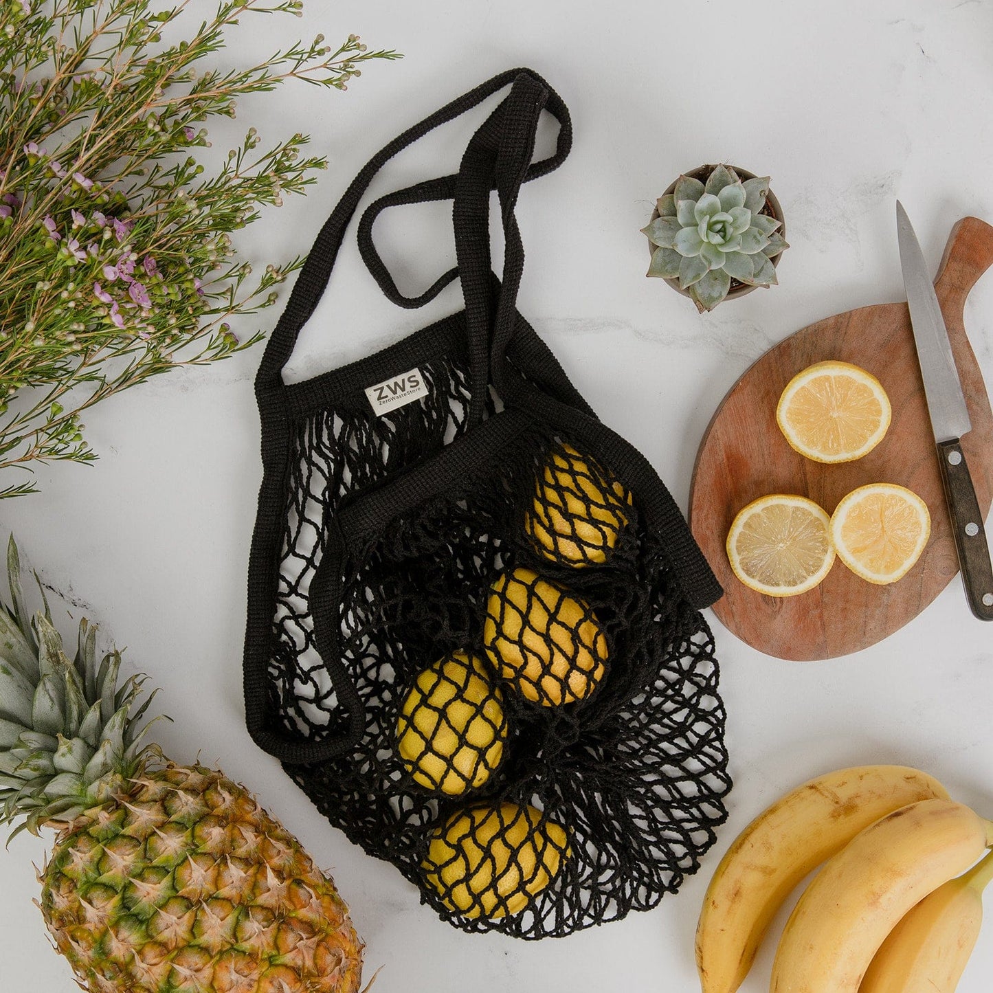 ZWS Essentials Organic Black Organic Cotton String Bag - Zero Waste Mesh Bag, Plastic Free, Market Tote
