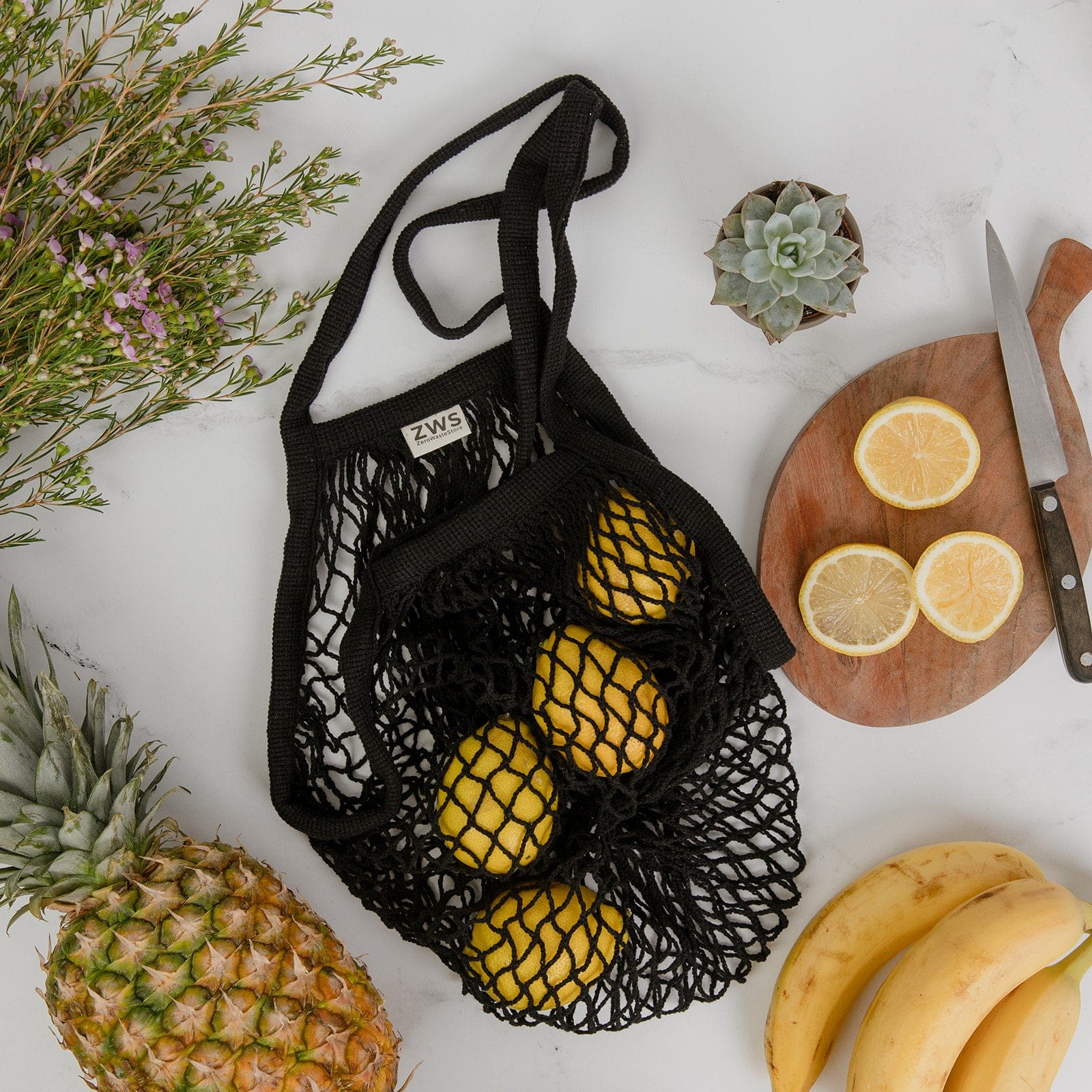 ZWS Essentials Organic Black Organic Cotton String Bag - Zero Waste Mesh Bag, Plastic Free, Market Tote